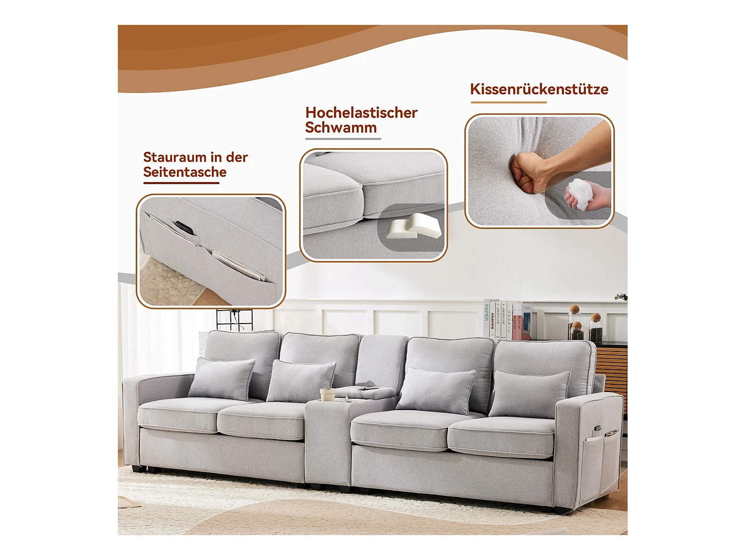 Canapé 4 places en tissu lin - avec 4 oreillers 2 ports USB et porte-gobelets - poches d'accoudoir - 290x83x88cm, Gris