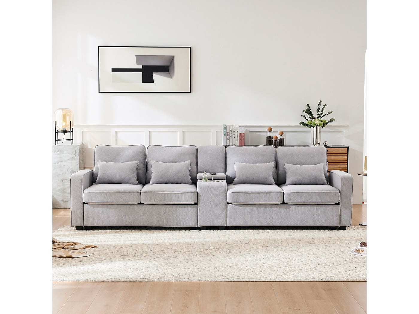 Canapé Convertible 4 Places En U – Velours Côtelé Beige – Avec 2 Poufs Rangement, USB-C, Porte-gobelets – L315cm