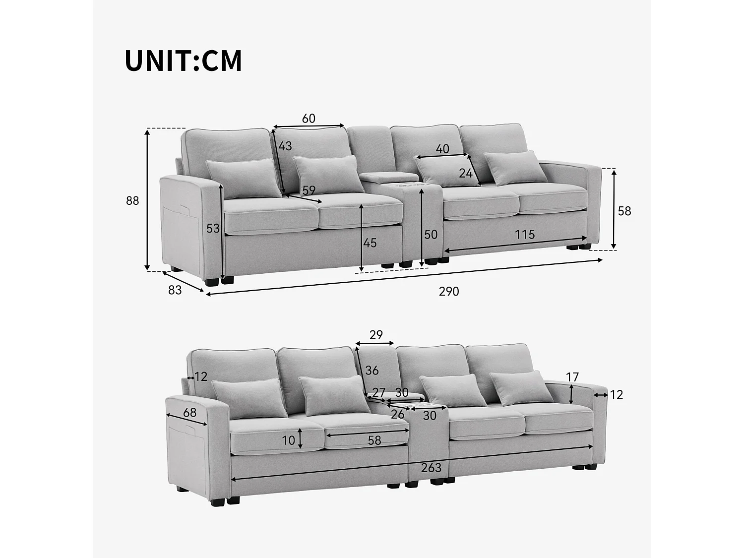 Canapé 4 places en tissu lin - avec 4 oreillers 2 ports USB et porte-gobelets - poches d'accoudoir - 290x83x88cm, Gris