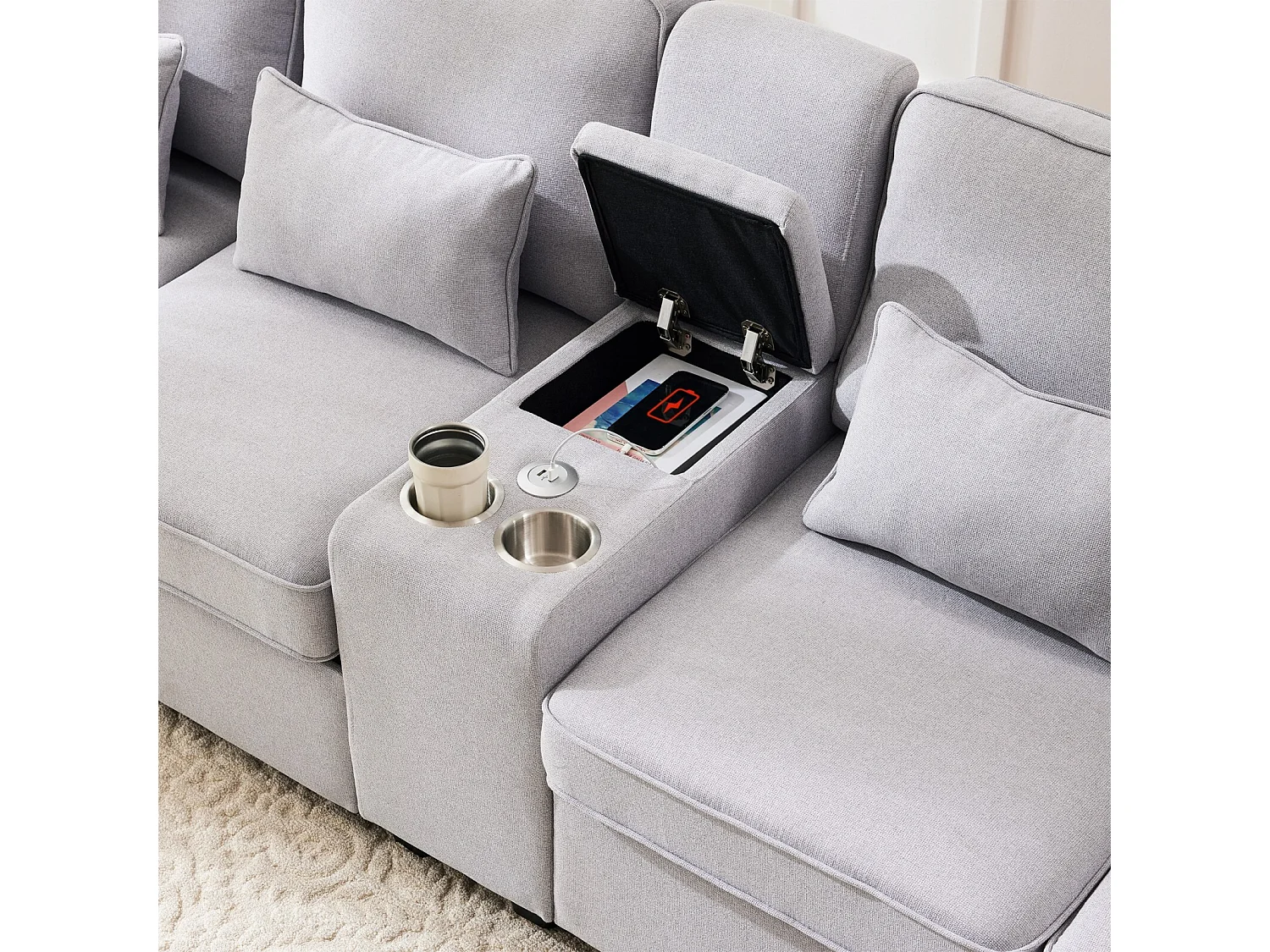 Canapé 4 places en tissu lin - avec 4 oreillers 2 ports USB et porte-gobelets - poches d'accoudoir - 290x83x88cm, Gris