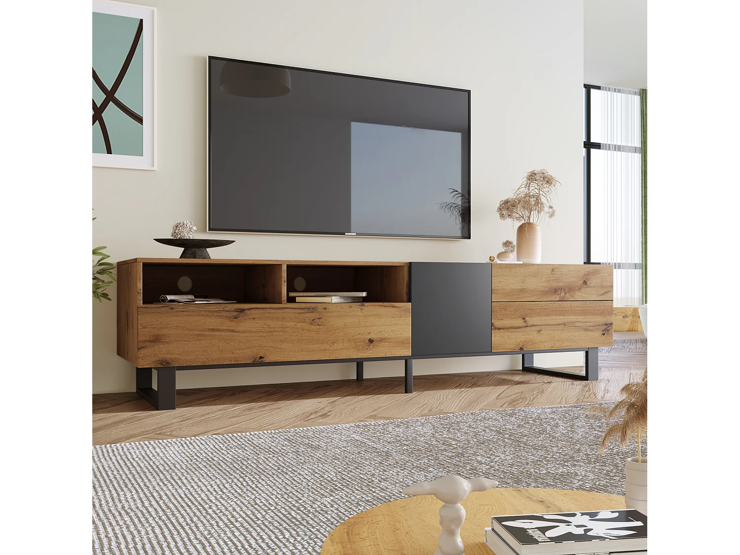 Meuble TV 2 tiroirs 1 portes et 3 niches - en MDF - effet grain de bois et pieds métal - 180x38x50cm