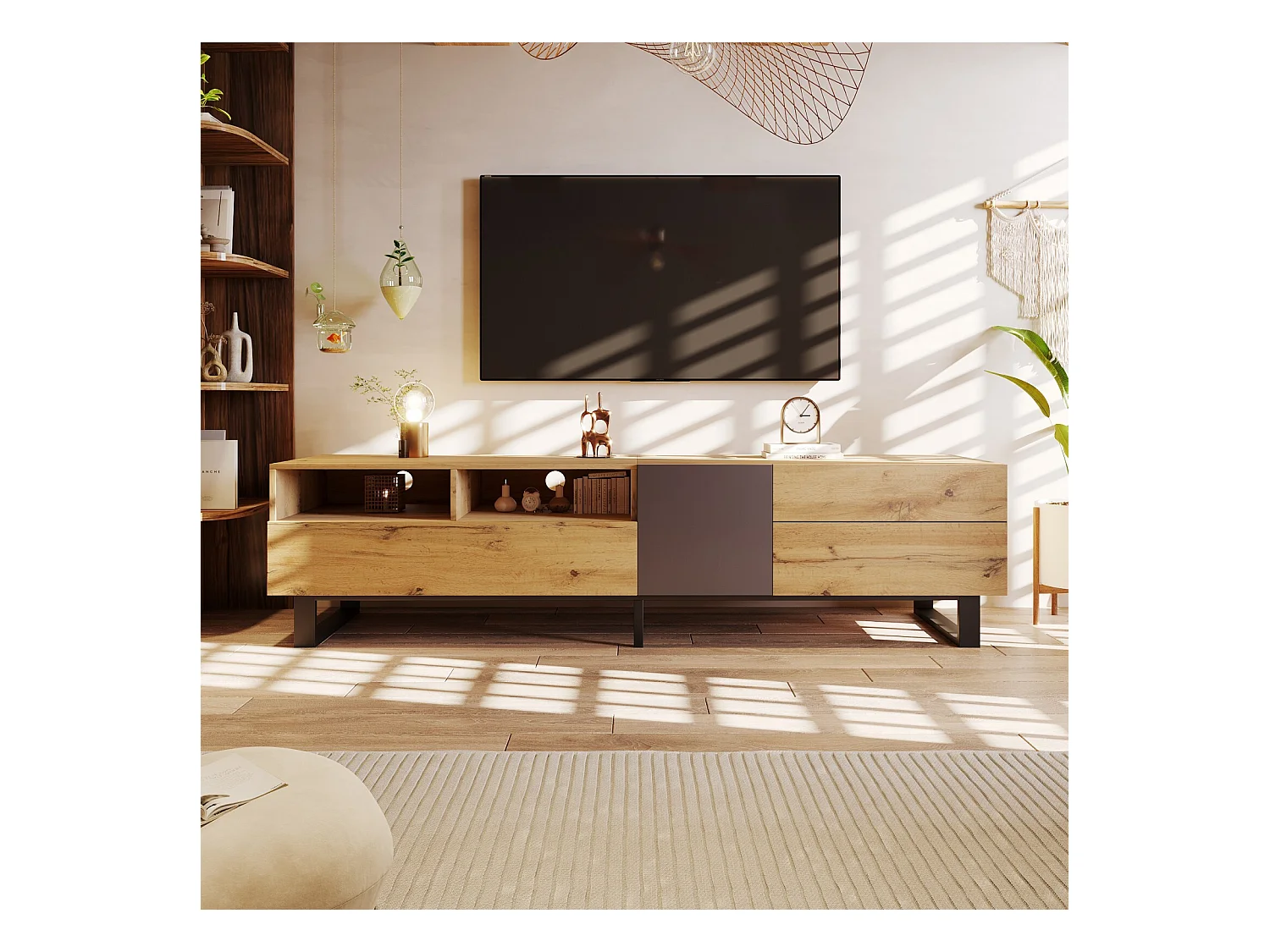 Meuble TV 2 tiroirs 1 portes et 3 niches - en MDF - effet grain de bois et pieds métal - 180x38x50cm