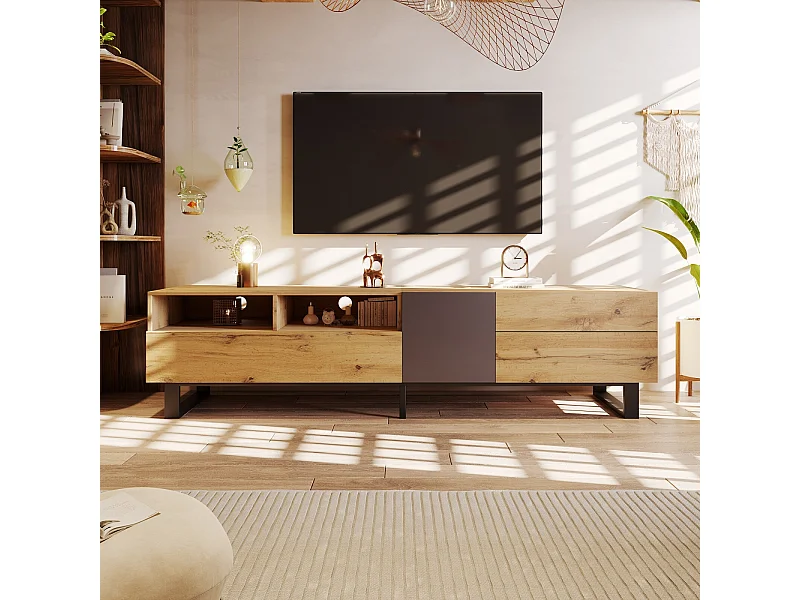 Gabinete de TV 2 gavetas 1 portas e 3 nichos - em MDF - Efeito de grão de madeira e pés de metal - 180x38x50cm