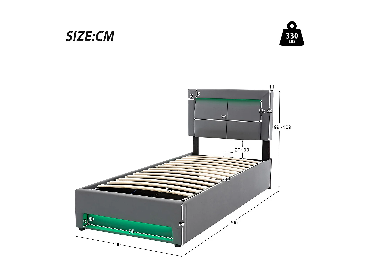 Cama estofada 90x200cm, com entrada USB, iluminação LED e espaço de arrumação, sem colchão, PU, cinza