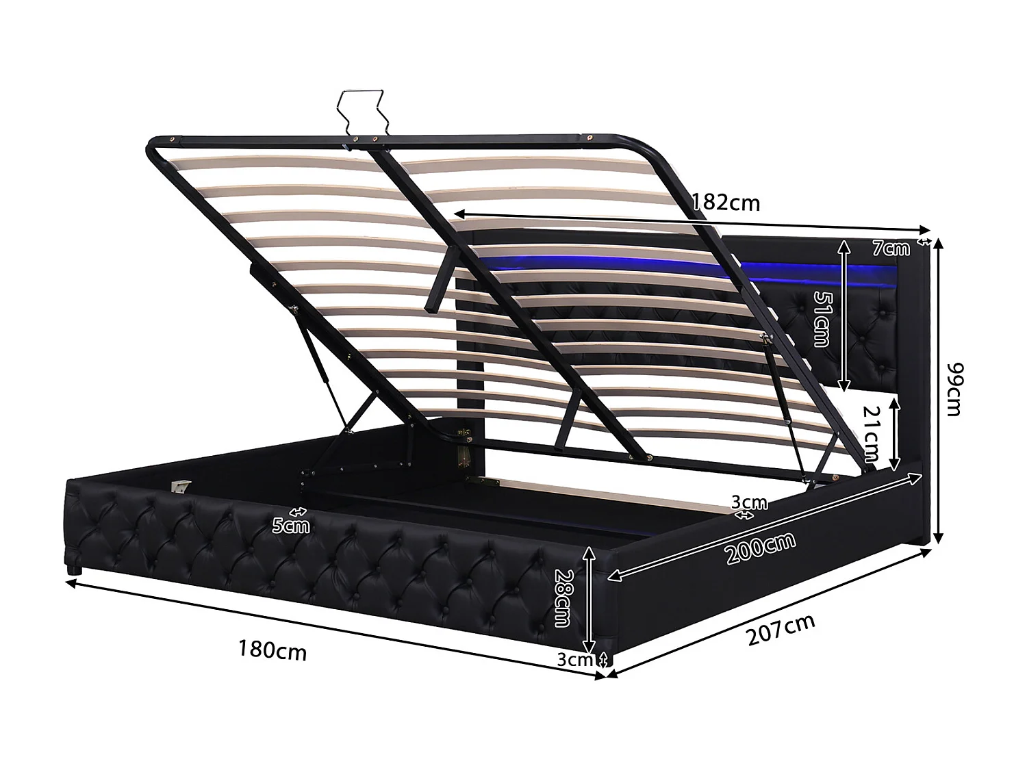 Lit coffre 180×200 cm,Lit rembourré avec éclairage LED, avec fonction de rangement, noir, PU