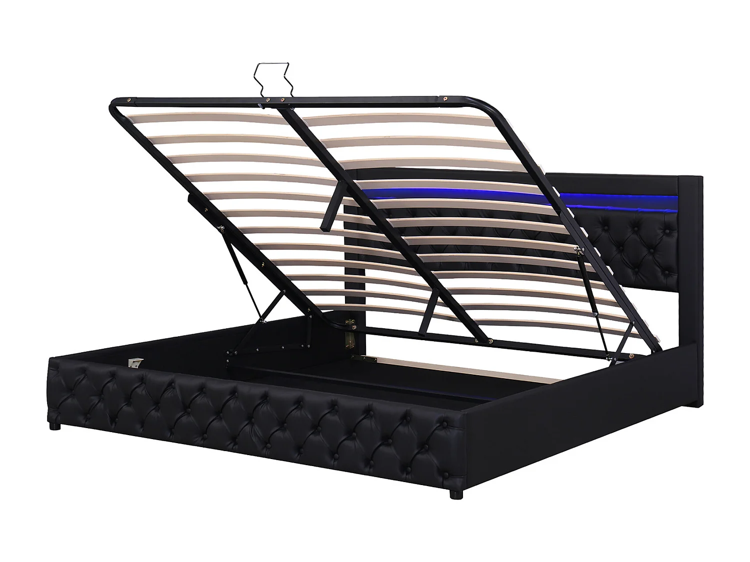 Lit coffre 180×200 cm,Lit rembourré avec éclairage LED, avec fonction de rangement, noir, PU