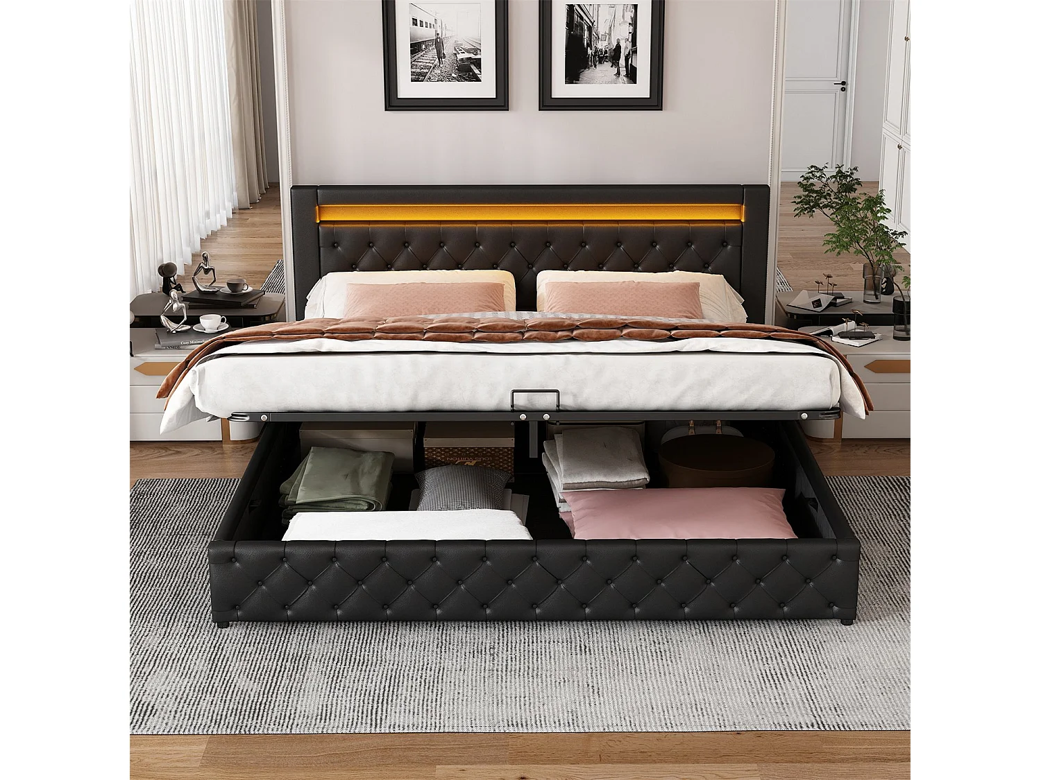 Lit coffre 180×200 cm,Lit rembourré avec éclairage LED, avec fonction de rangement, noir, PU