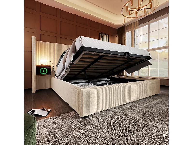 Lit coffre 180×200 cm,Lit rembourré, lit double avec table de nuit, lampe de lecture et USB Type-C, velours côtelé, beige-blanc, sans matelas