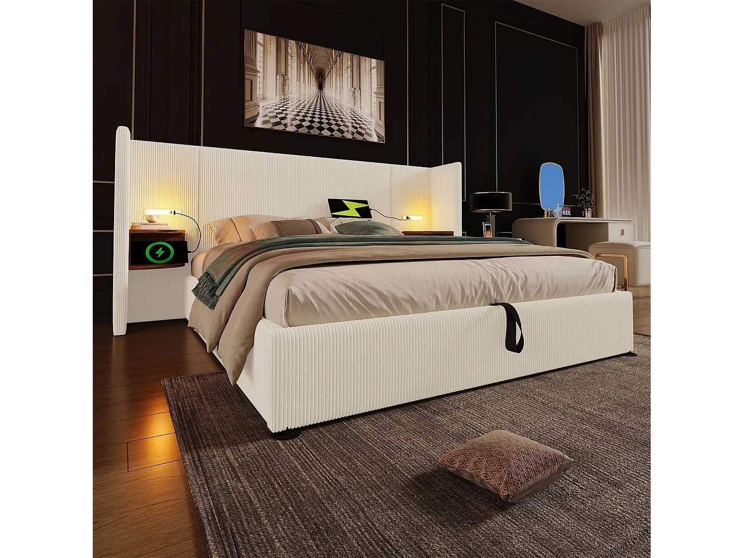 Lit coffre 180×200 cm,Lit rembourré, lit double avec table de nuit, lampe de lecture et USB Type-C, velours côtelé, beige-blanc, sans matelas
