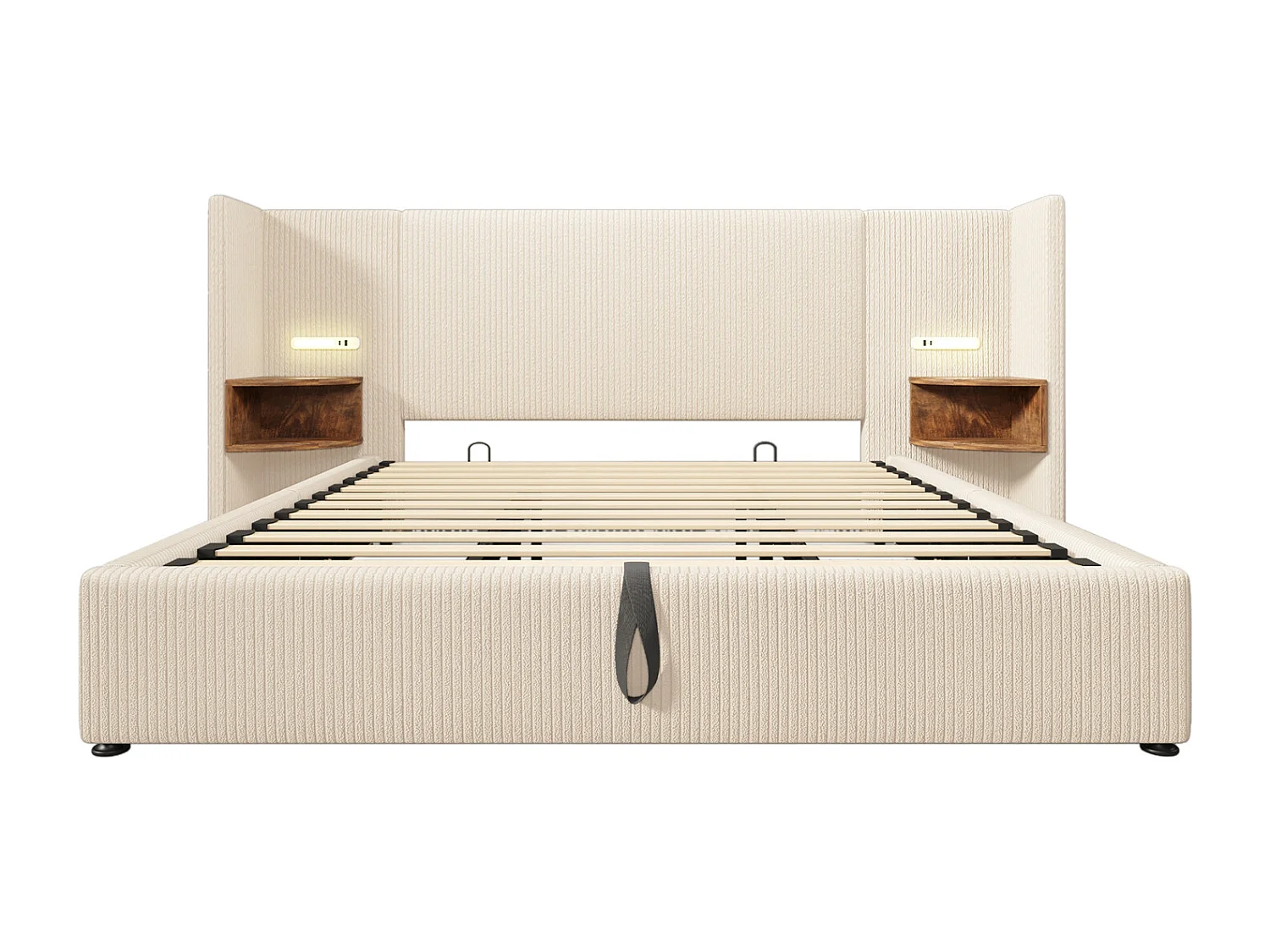 Lit coffre 180×200 cm,Lit rembourré, lit double avec table de nuit, lampe de lecture et USB Type-C, velours côtelé, beige-blanc, sans matelas