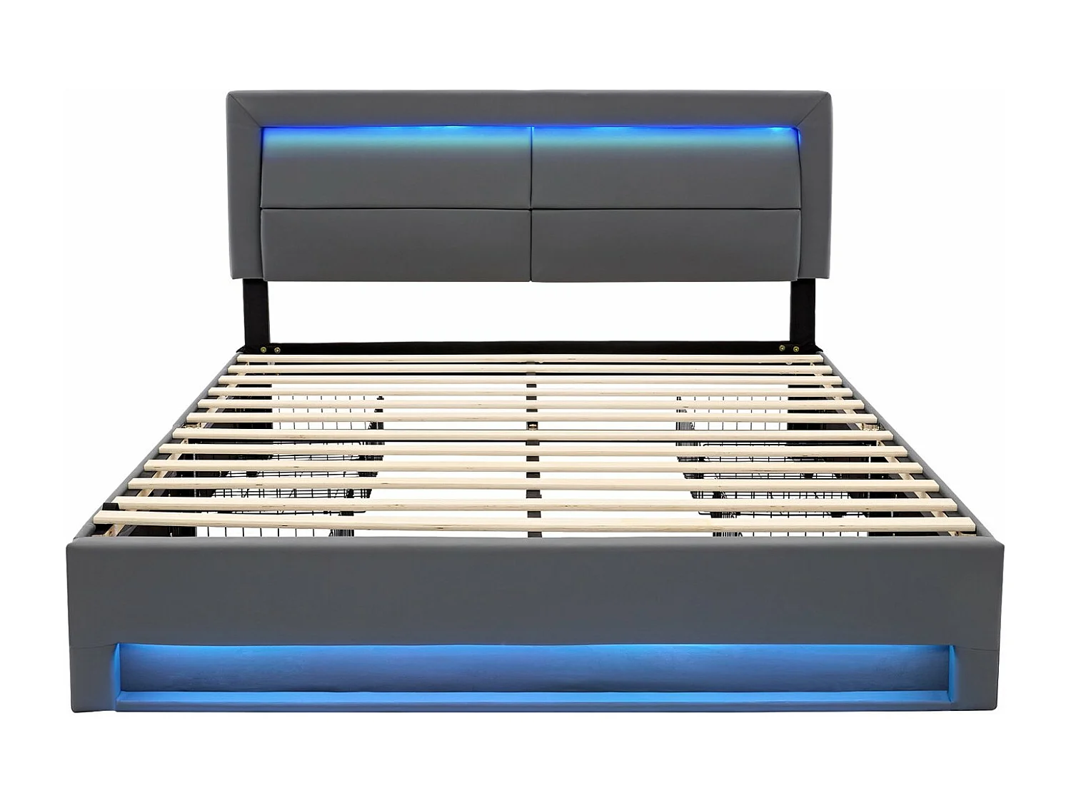 Lit rembourré 140x200 cm, avec port USB, éclairage LED, 4 tiroirs, sans matelas, PU, gris