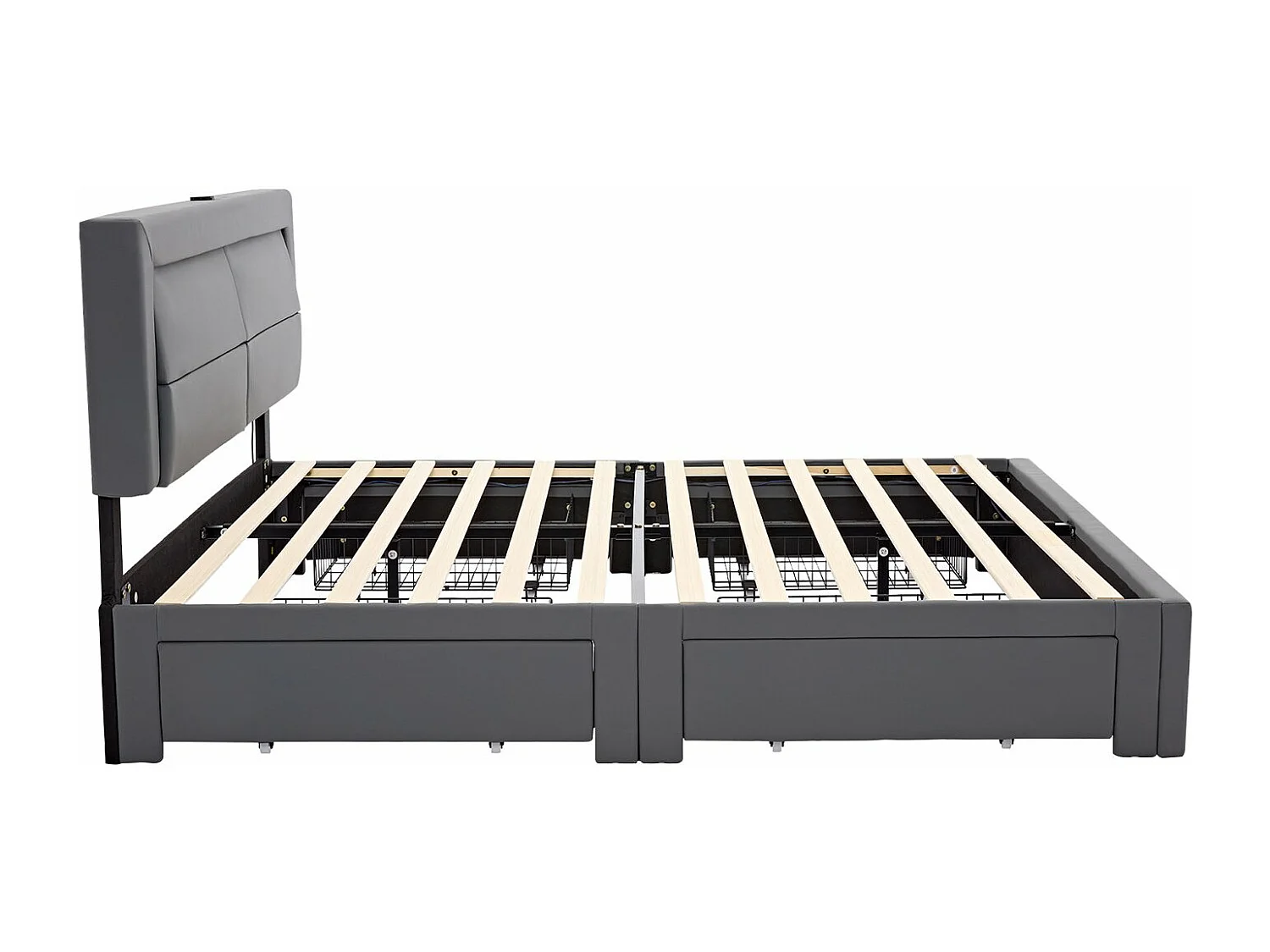 Lit rembourré 140x200 cm, avec port USB, éclairage LED, 4 tiroirs, sans matelas, PU, gris