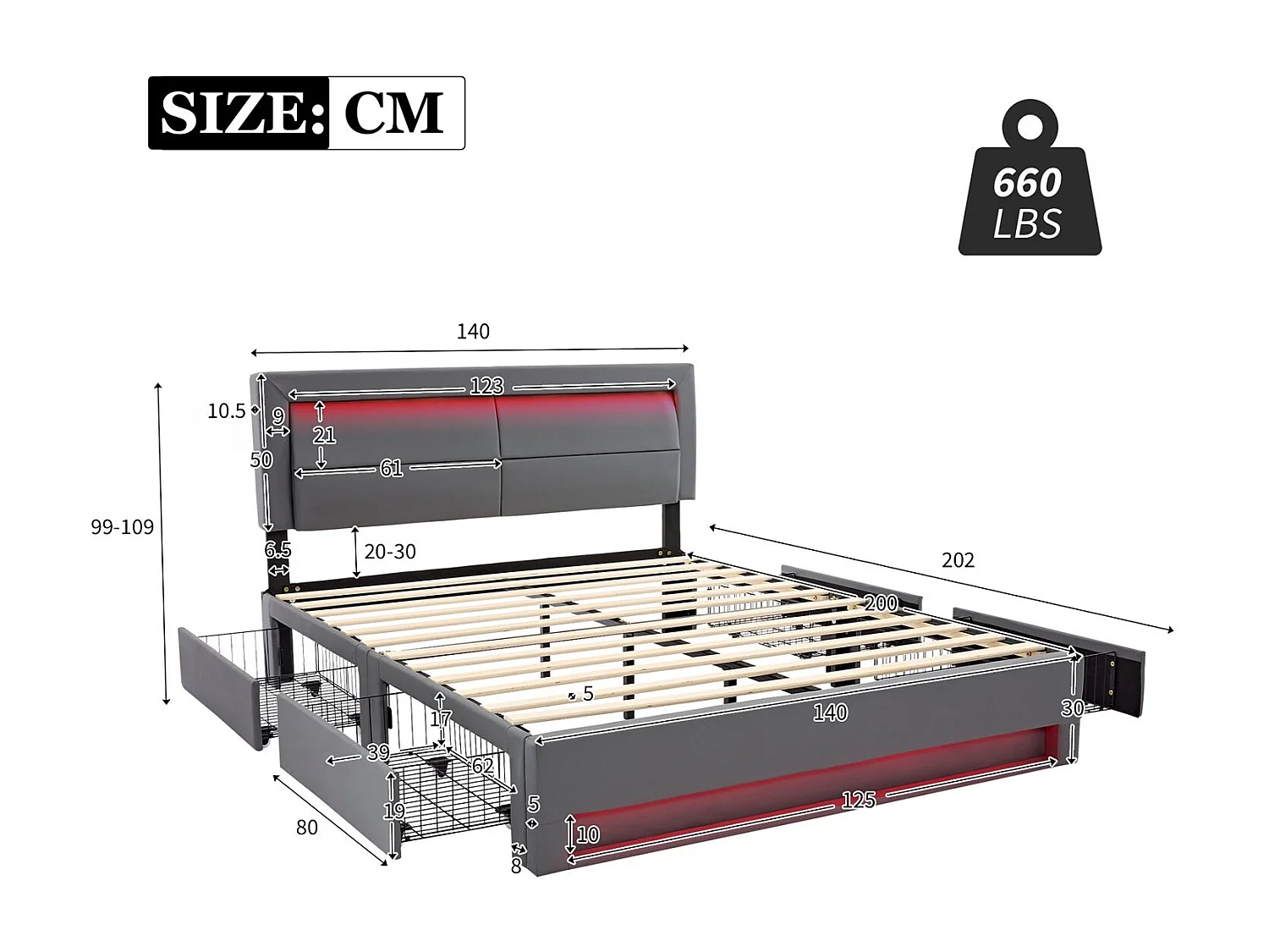 Letto imbottito 140x200 cm, con porta USB, illuminazione LED, 4 cassetti, senza materasso, PU, grigio