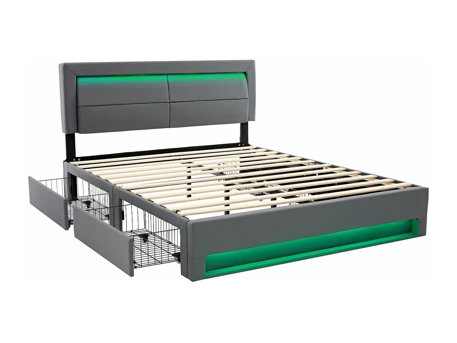 Letto imbottito 140x200 cm, con porta USB, illuminazione LED, 4 cassetti, senza materasso, PU, grigio