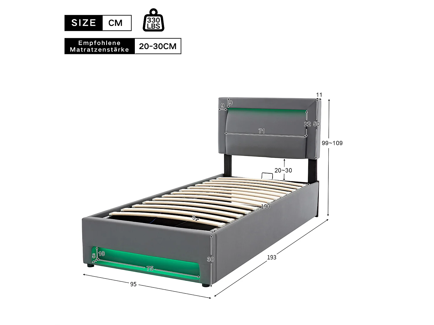 Lit rembourré 90x190cm, avec port USB, éclairage LED et espace de rangement, sans matelas, PU, gris