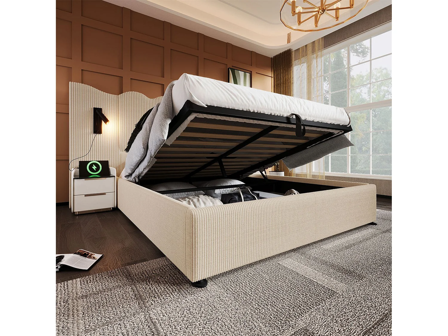 Cama com arrumação 160x200 cm, cama estofada, cama de casal com candeeiro de leitura e USB Tipo C, bege-branco, veludo cotelê, sem colchão