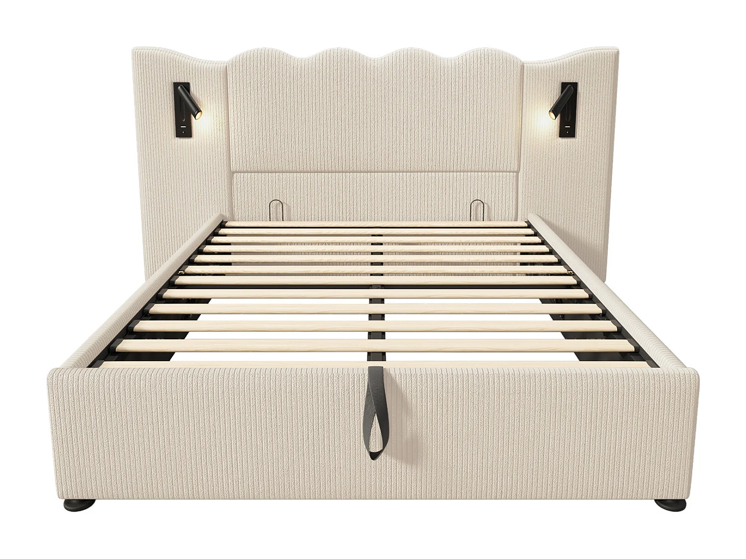 Lit coffre 160×200 cm,Lit rembourré,lit double avec lampe de lecture et USB Type-C, beige-blanc, velours côtelé, sans matelas