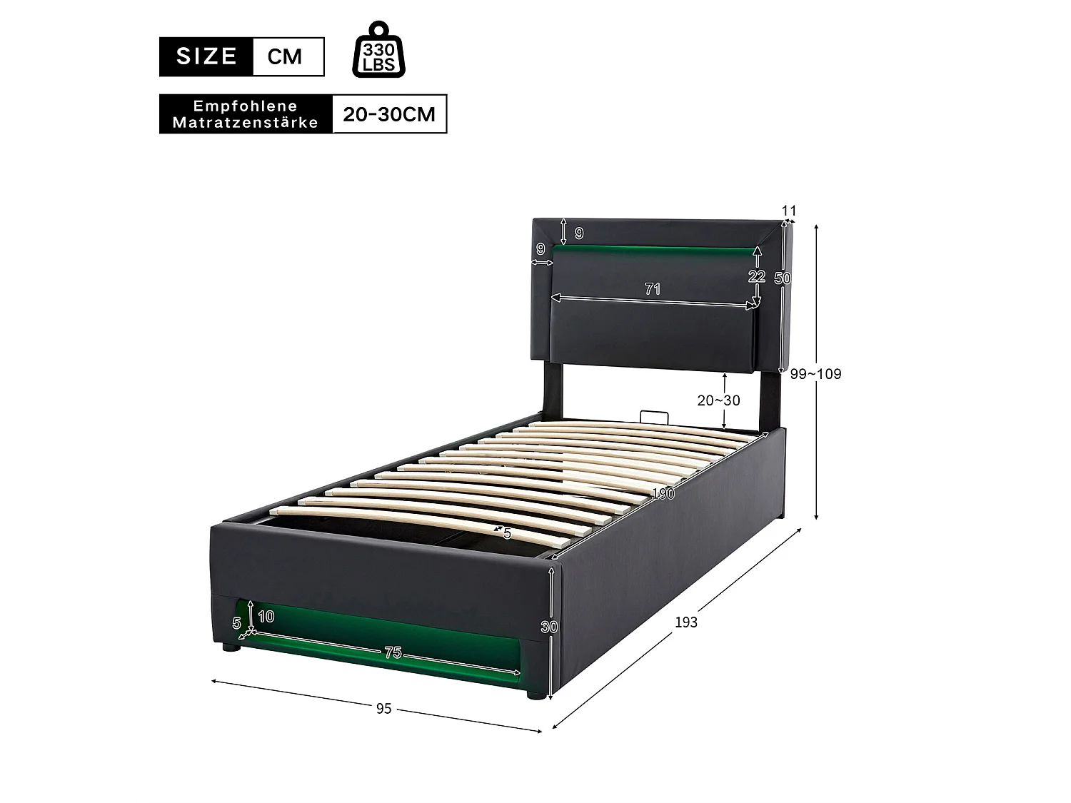 Cama estofada 90x190cm, com entrada USB, iluminação LED e espaço de arrumação, sem colchão, PU, preto