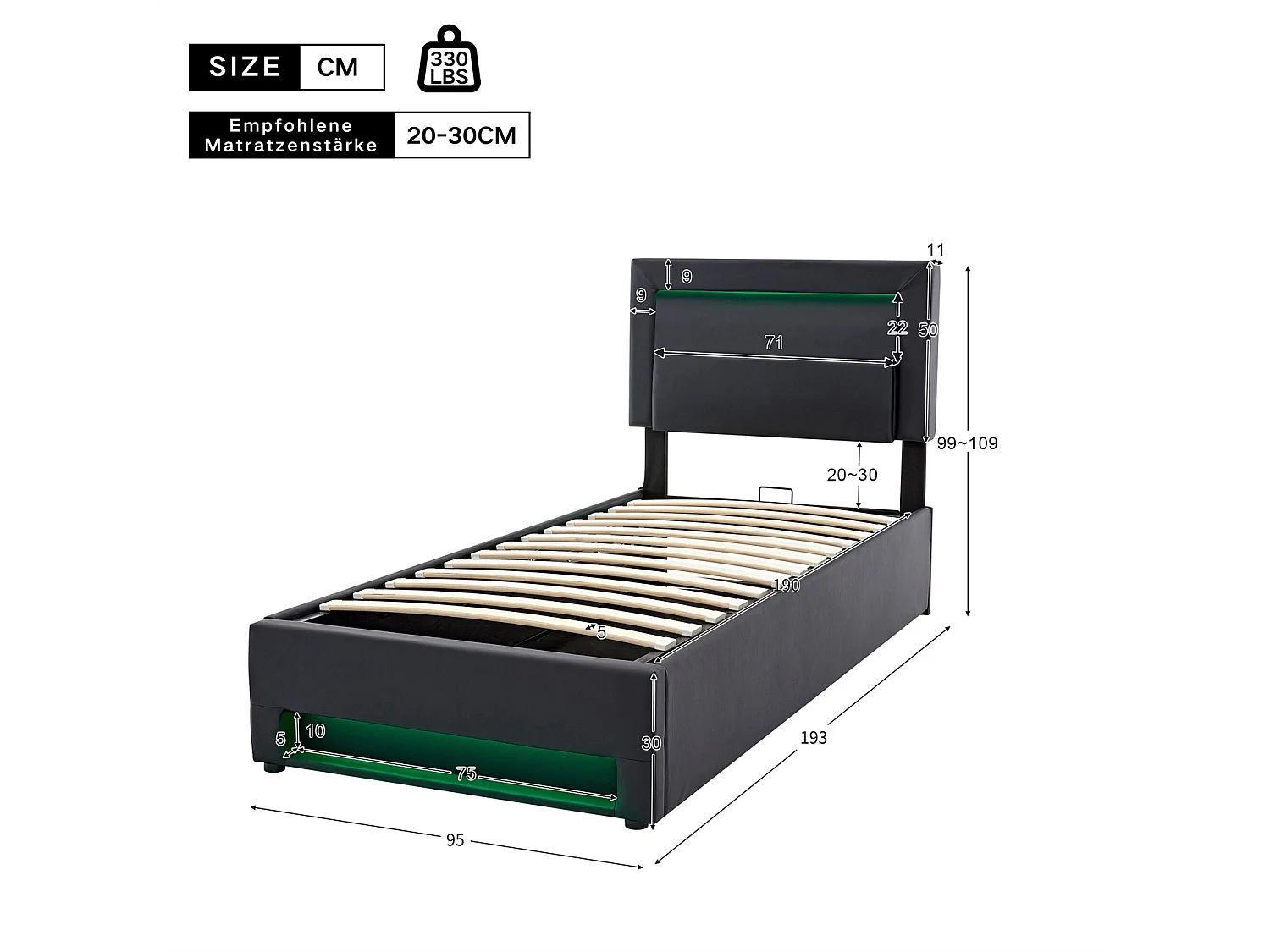 Cama estofada 90x190cm, com entrada USB, iluminação LED e espaço de arrumação, sem colchão, PU, preto