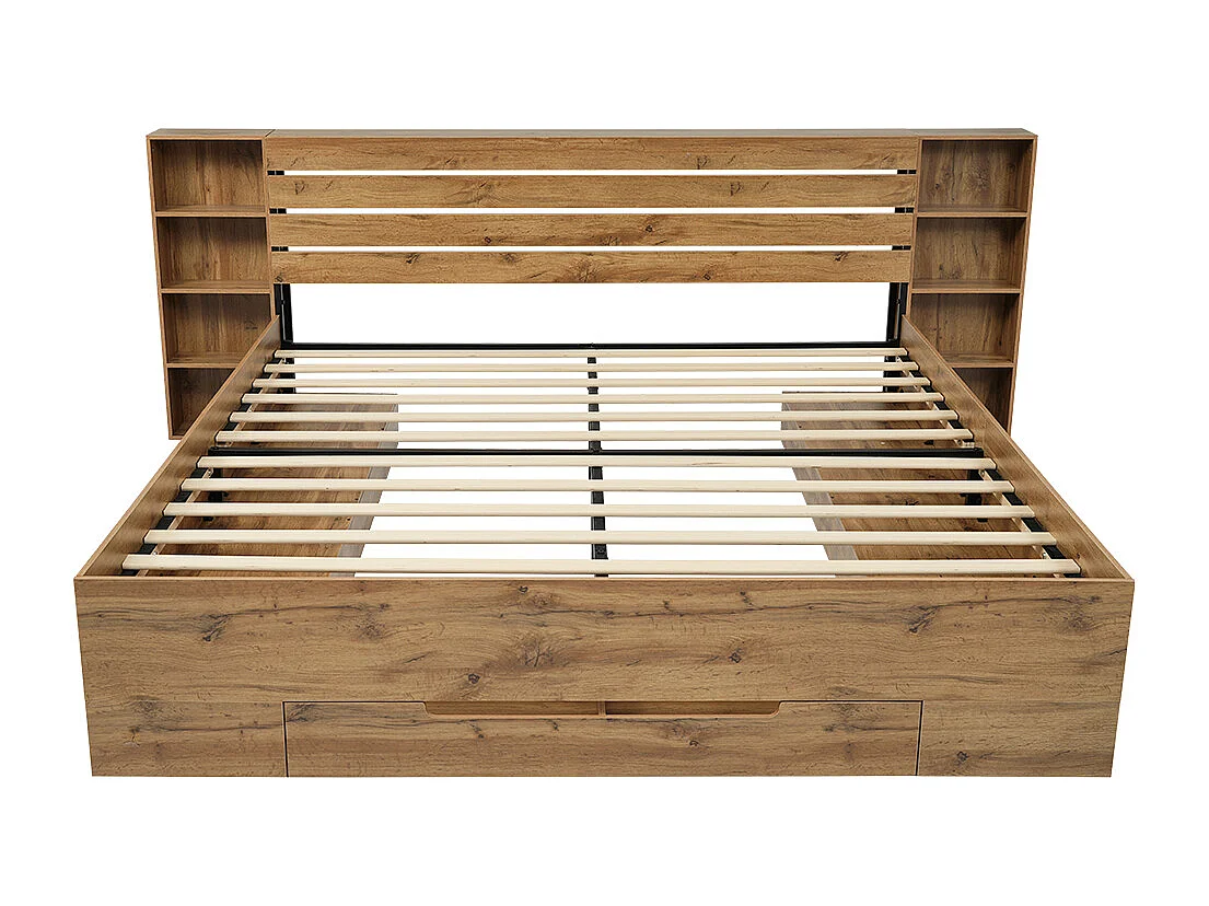 Letto in legno massello 160×200 cm, letto matrimoniale con illuminazione a LED e USB-C, rovere, senza materasso