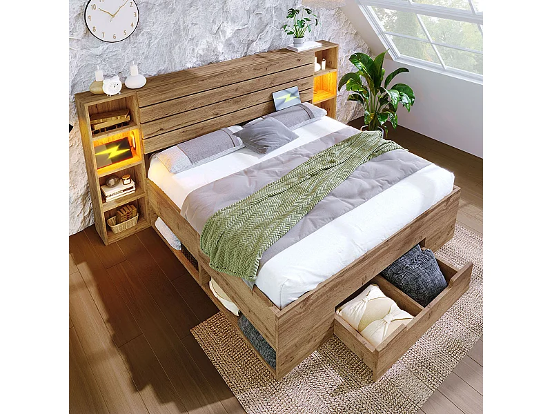 Letto in legno massello 160×200 cm, letto matrimoniale con illuminazione a LED e USB-C, rovere, senza materasso