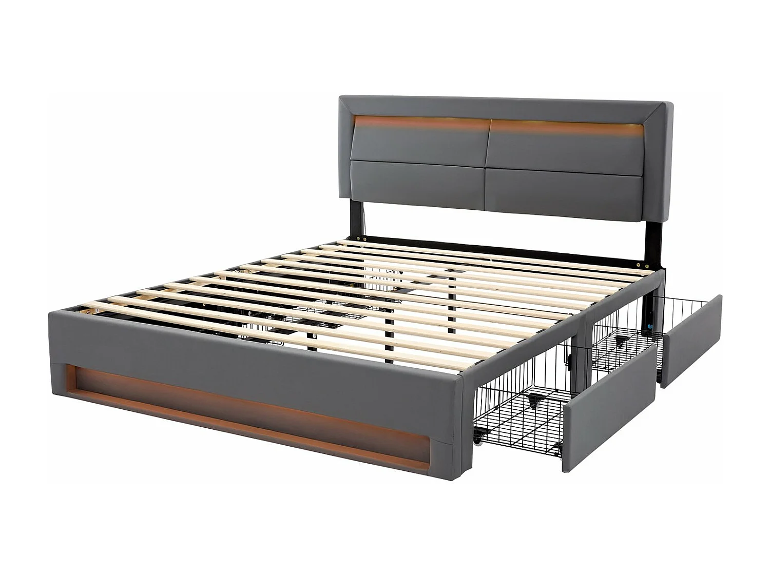 Lit rembourré 140x190 cm, avec port USB, éclairage LED, 4 tiroirs, sans matelas, PU, gris