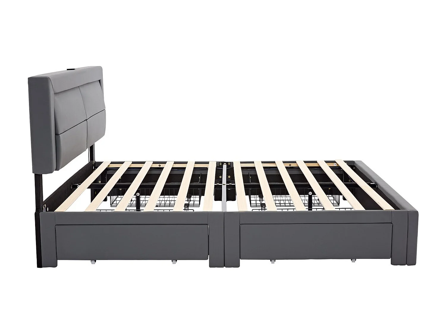 Lit rembourré 140x190 cm, avec port USB, éclairage LED, 4 tiroirs, sans matelas, PU, gris