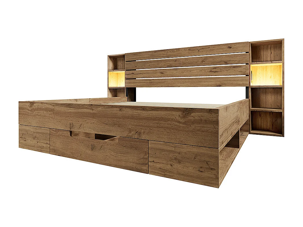 Lit en bois massif 180×200 cm, lit double avec éclairage LED et USB-C, chêne, sans matelas