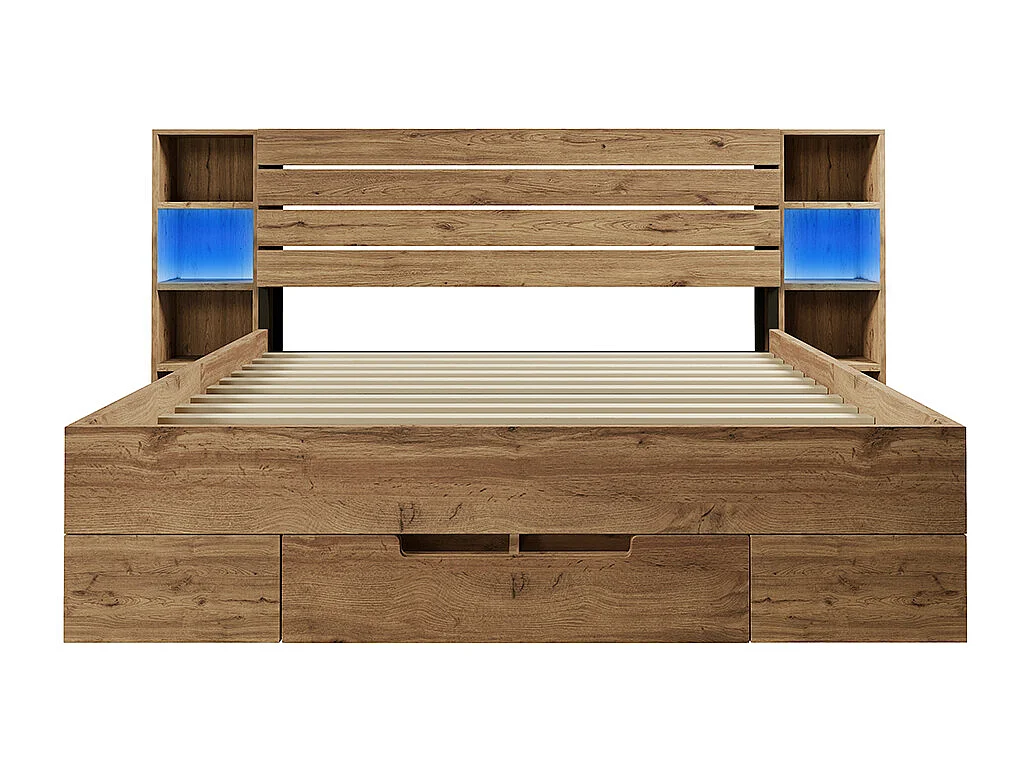 Lit en bois massif 180×200 cm, lit double avec éclairage LED et USB-C, chêne, sans matelas