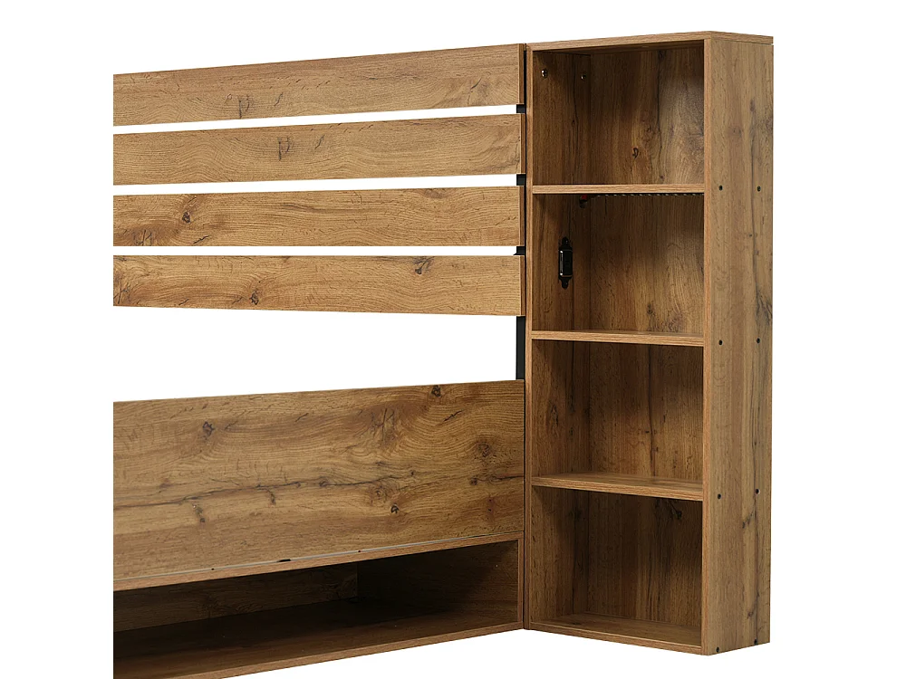 Lit en bois massif 180×200 cm, lit double avec éclairage LED et USB-C, chêne, sans matelas