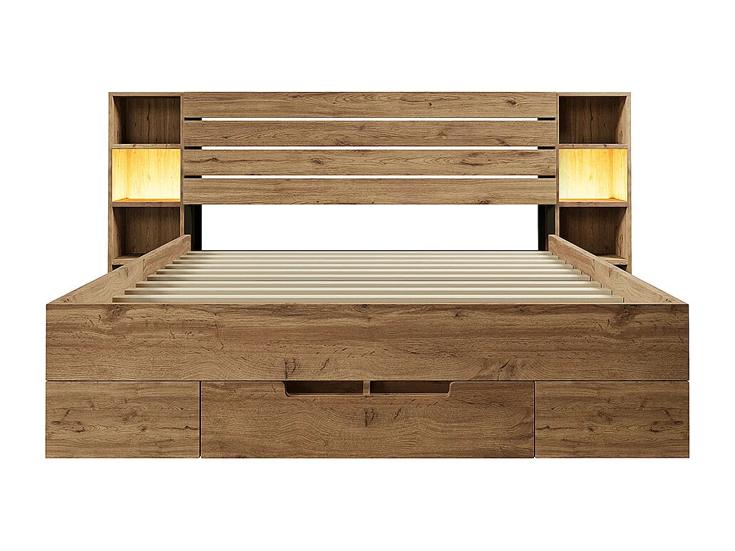 Lit en bois massif 180×200 cm, lit double avec éclairage LED et USB-C, chêne, sans matelas