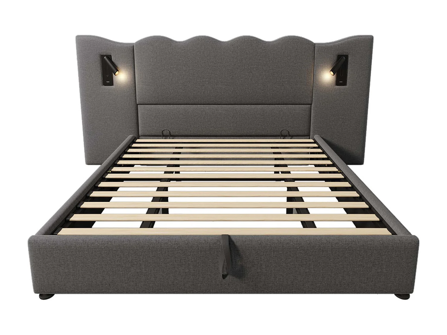 Cama de arrumação 180x200 cm, cama estofada, cama de casal com candeeiro de leitura e USB Tipo C, cinzento, linho, sem colchão