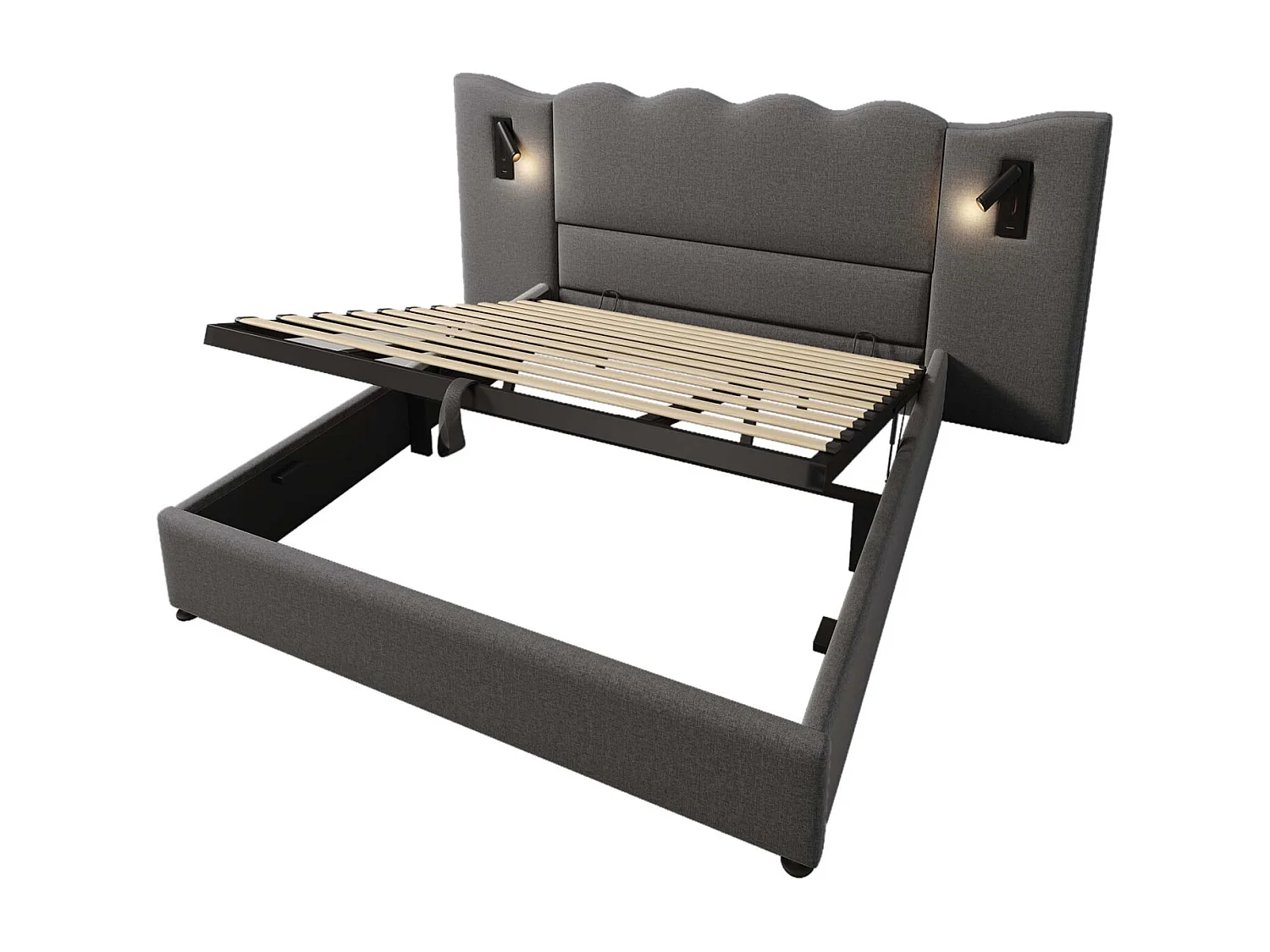 Cama de arrumação 180x200 cm, cama estofada, cama de casal com candeeiro de leitura e USB Tipo C, cinzento, linho, sem colchão
