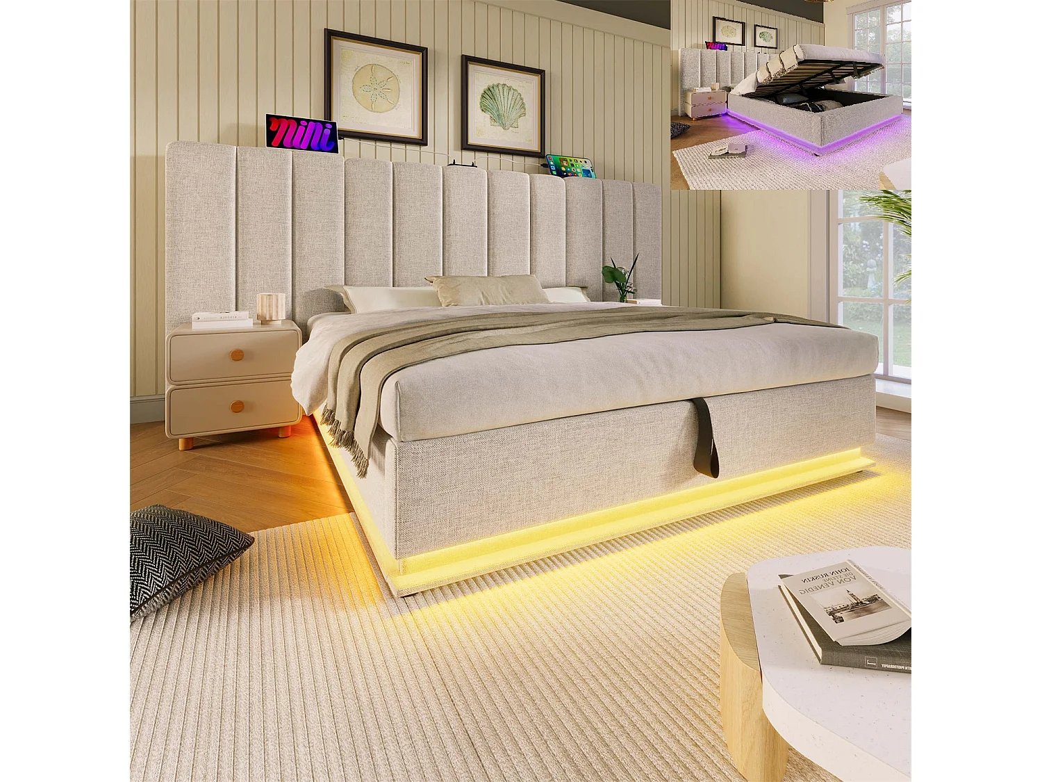 Cama com arrumação 160x200 cm, cama estofada, cama de casal com arrumação, LED e USB-C, linho, bege, sem colchão