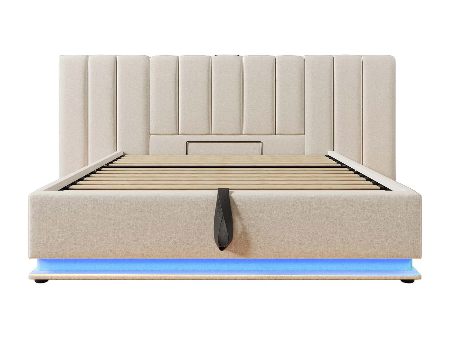 Cama com arrumação 160x200 cm, cama estofada, cama de casal com arrumação, LED e USB-C, linho, bege, sem colchão