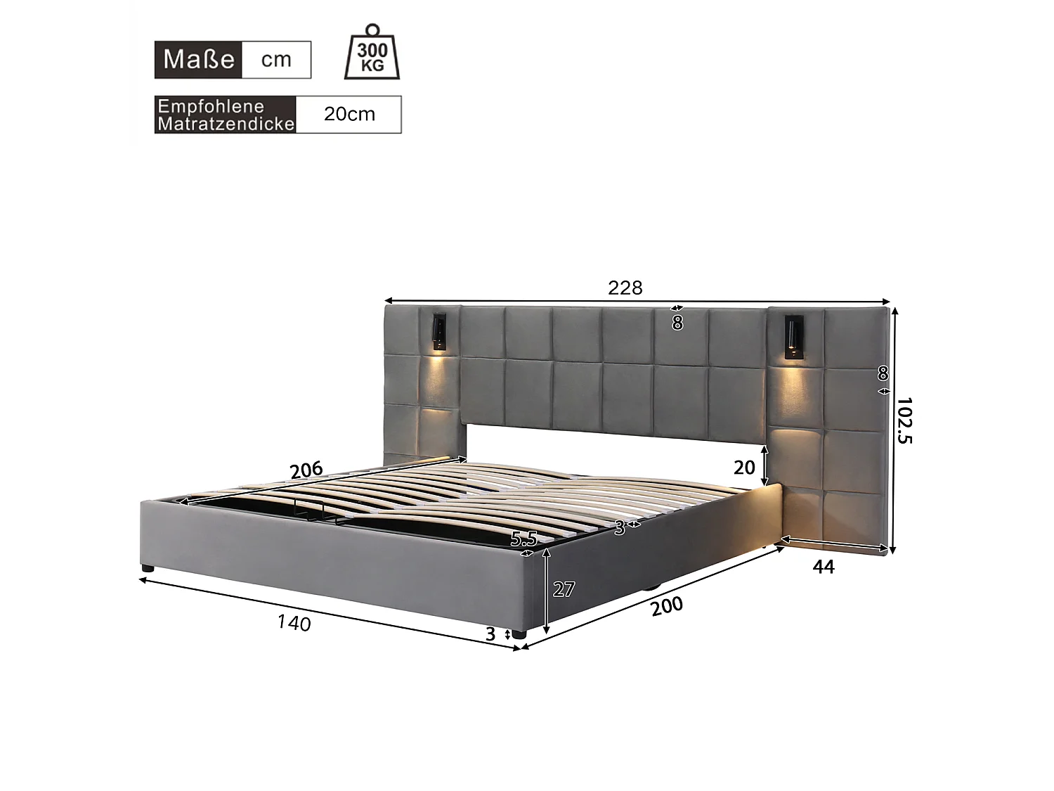 Lit coffre 140×200 cm, lit avec rangement, lampe et charge USB, gris