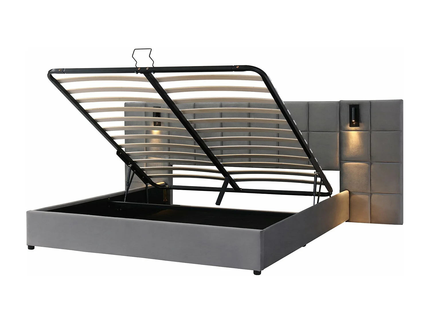 Lit coffre 140×200 cm, lit avec rangement, lampe et charge USB, gris