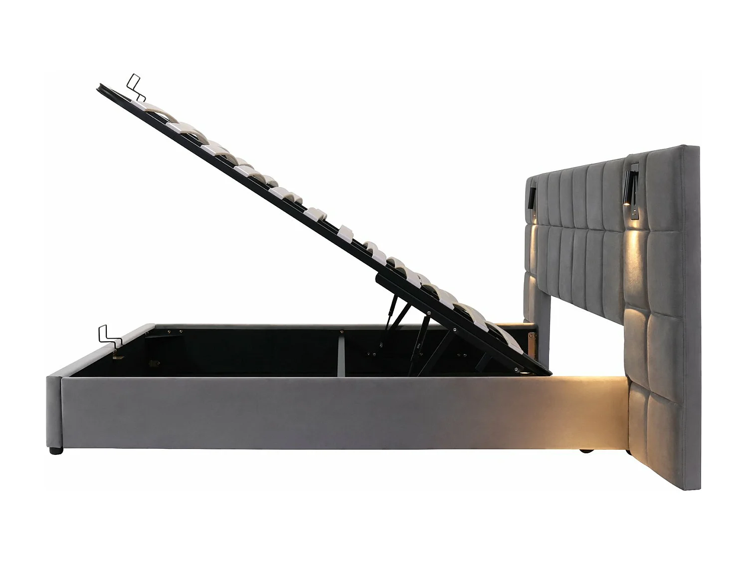 Lit coffre 140×200 cm, lit avec rangement, lampe et charge USB, gris