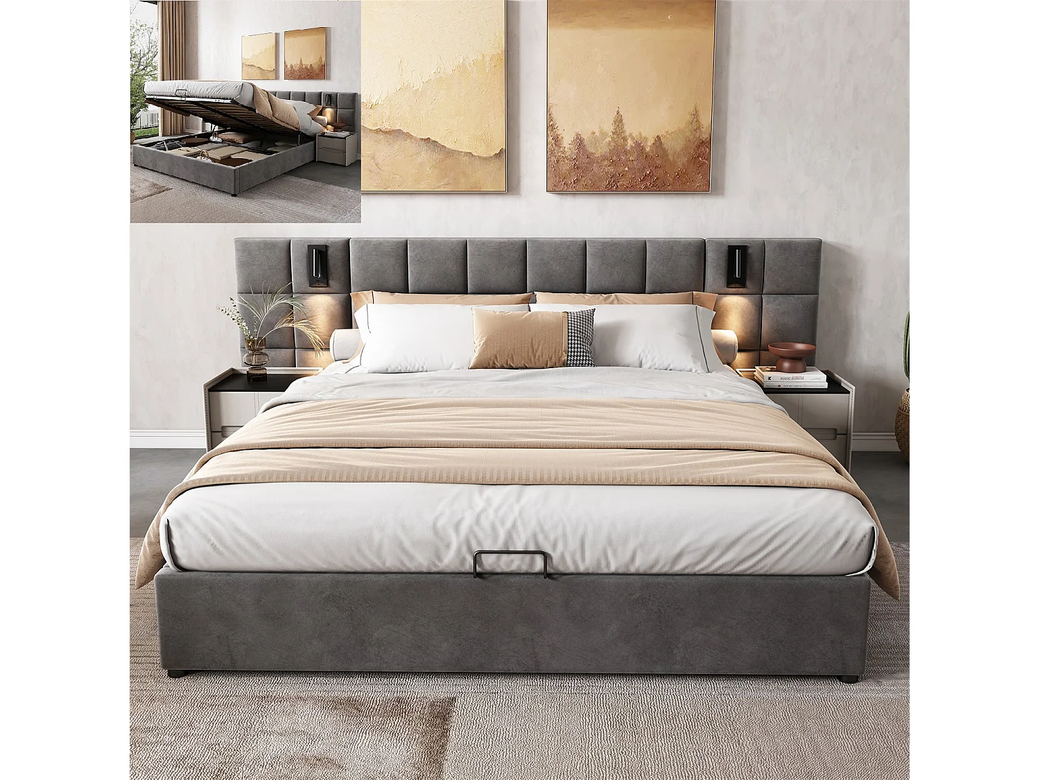 Lit coffre 140×200 cm, lit avec rangement, lampe et charge USB, gris