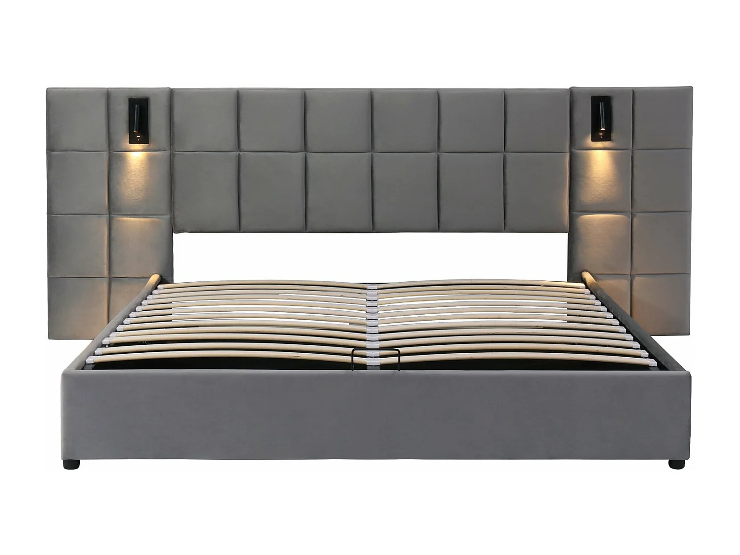 Lit coffre 140×200 cm, lit avec rangement, lampe et charge USB, gris
