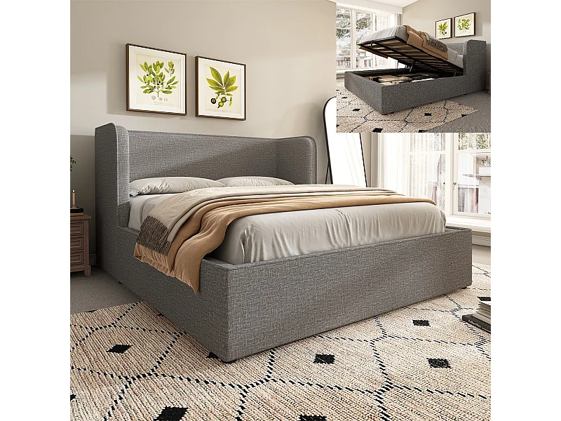 Lit coffre 160×200 cm,Lit rembourré, lit double avec espace de rangement hydraulique, lin, gris, sans matelas