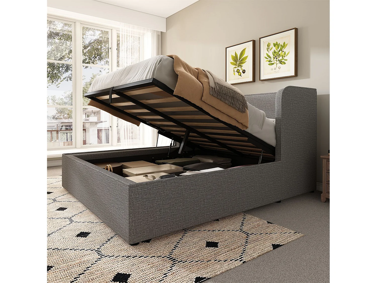 Cama de arrumação 160x200 cm, cama estofada, cama de casal com espaço de arrumação hidráulico, linho, cinzento, sem colchão