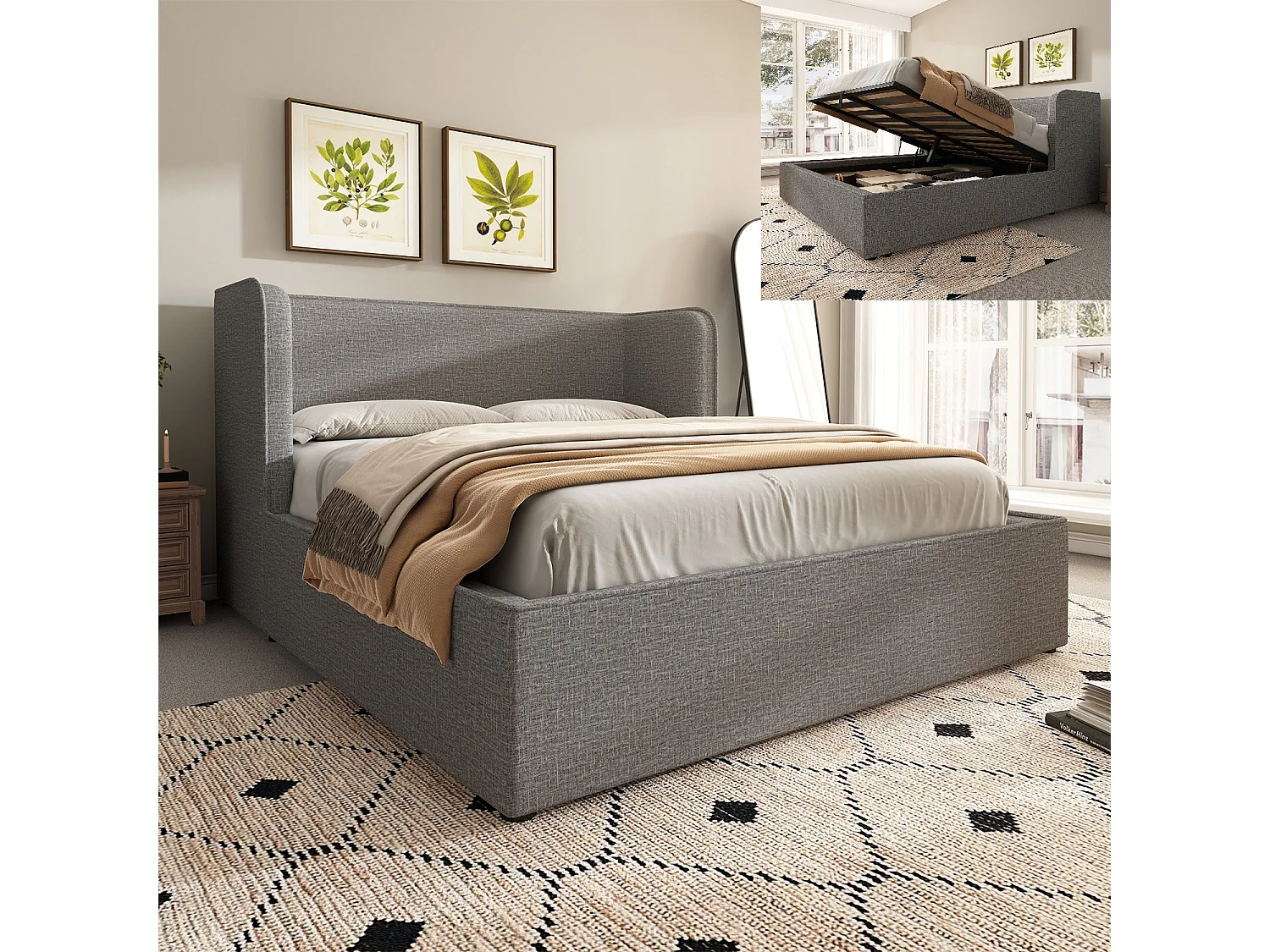 Lit coffre 160×200 cm,Lit rembourré, lit double avec espace de rangement hydraulique, lin, gris, sans matelas