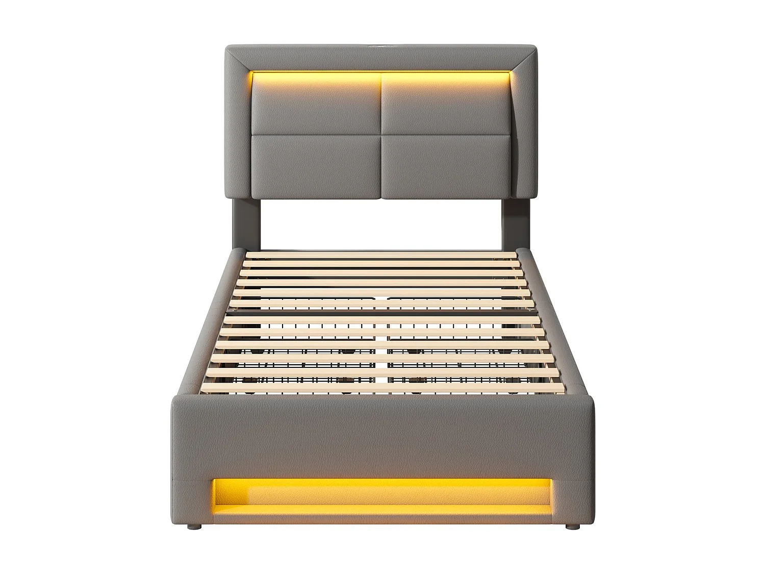 Lit rembourré 90x200 cm, avec port USB, éclairage LED, 4 tiroirs, sans matelas, PU, gris