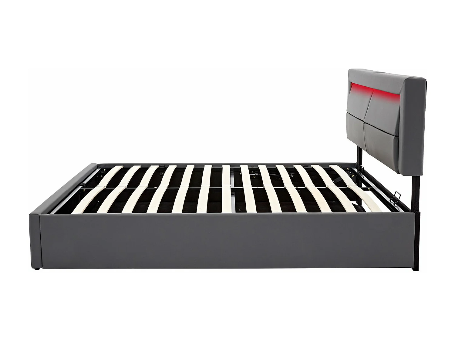 Cama estofada 140x200cm, com entrada USB, iluminação LED e espaço de arrumação, sem colchão, PU, cinza