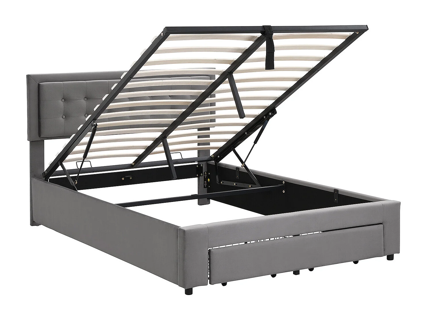 Lit coffre 140×200 cm,Lit rembourré avec coffre et tiroirs, tissu en velours, sommier à lattes, lit double, grand espace de rangement, gris