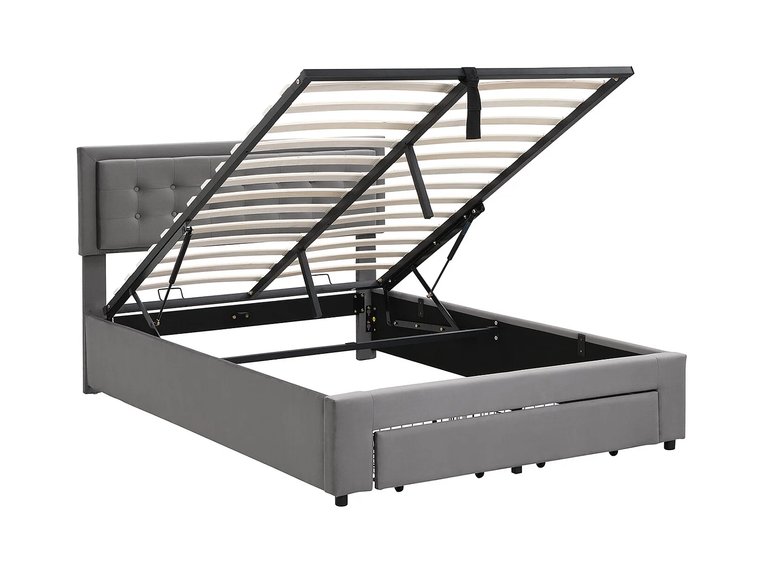 Lit coffre 140×200 cm,Lit rembourré avec coffre et tiroirs, tissu en velours, sommier à lattes, lit double, grand espace de rangement, gris