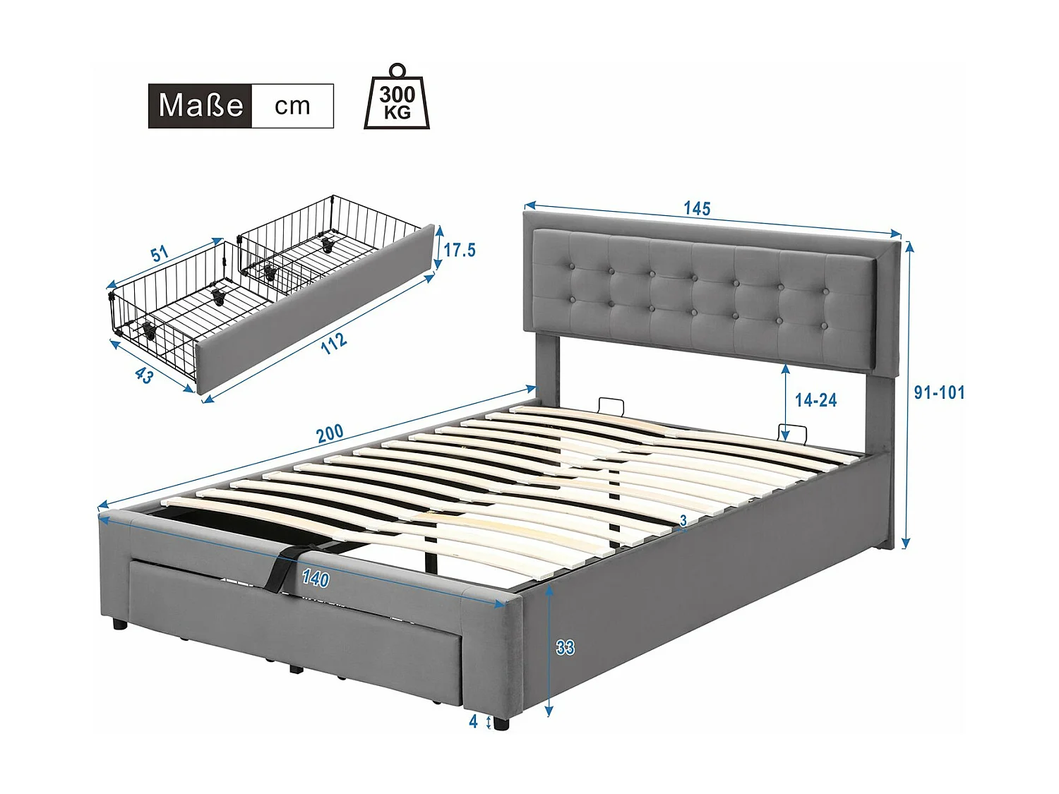 Cama com arrumação 140x200 cm, Cama estofada com arrumação e gavetas, tecido de veludo, estrado de ripas, cama de casal, amplo espaço de arrumação, cinzento