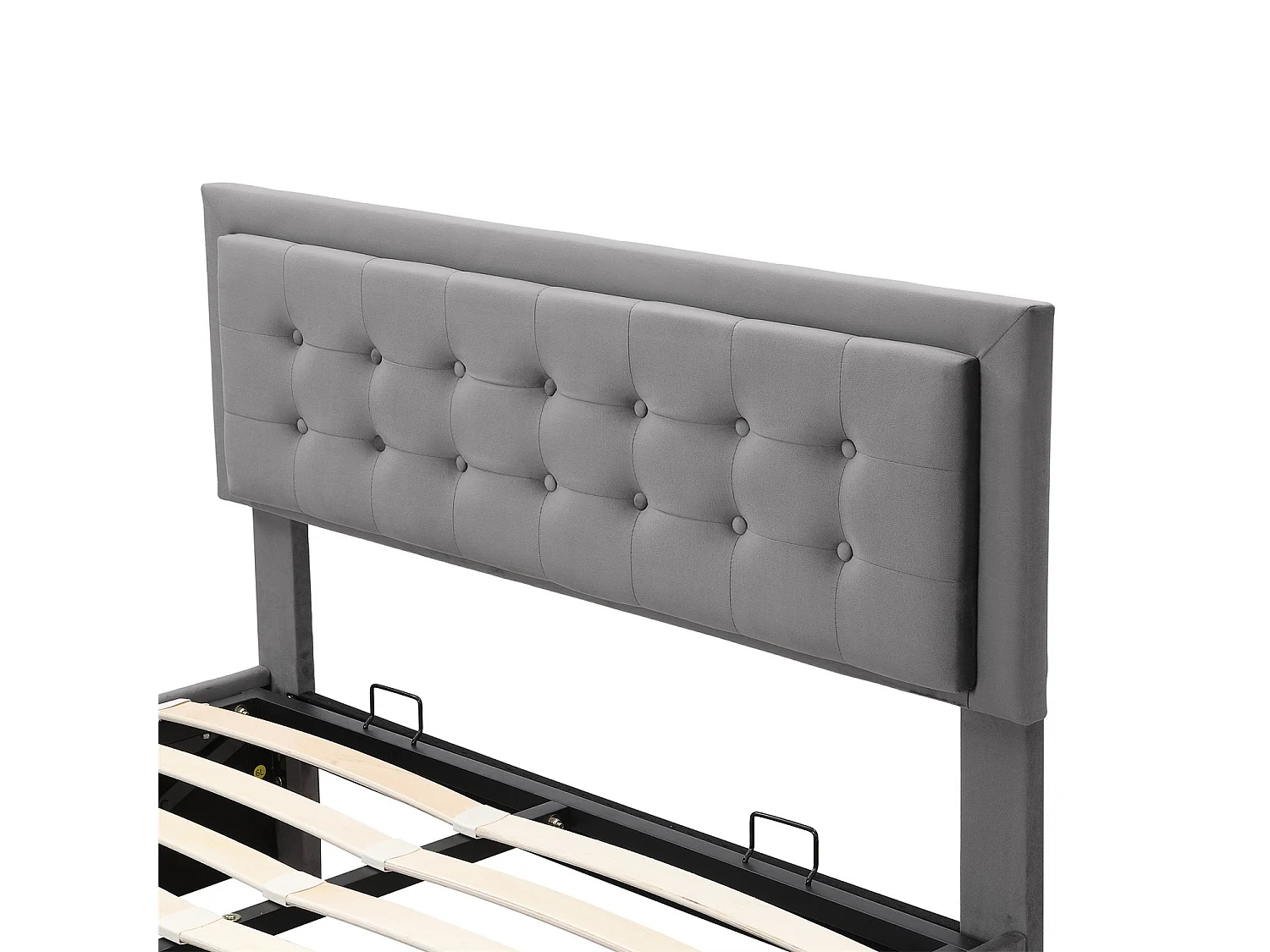 Cama com arrumação 140x200 cm, Cama estofada com arrumação e gavetas, tecido de veludo, estrado de ripas, cama de casal, amplo espaço de arrumação, cinzento
