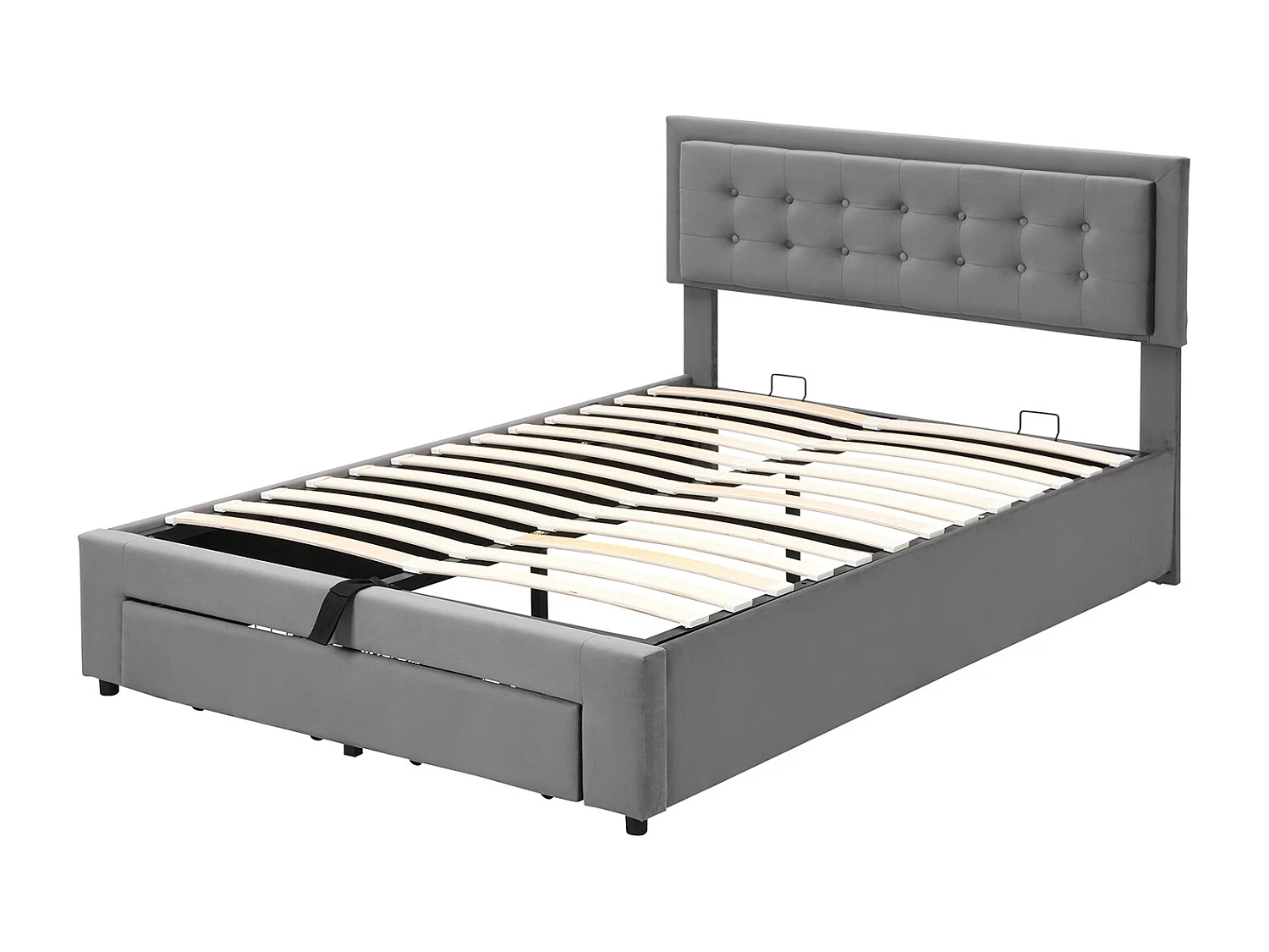 Cama com arrumação 140x200 cm, Cama estofada com arrumação e gavetas, tecido de veludo, estrado de ripas, cama de casal, amplo espaço de arrumação, cinzento
